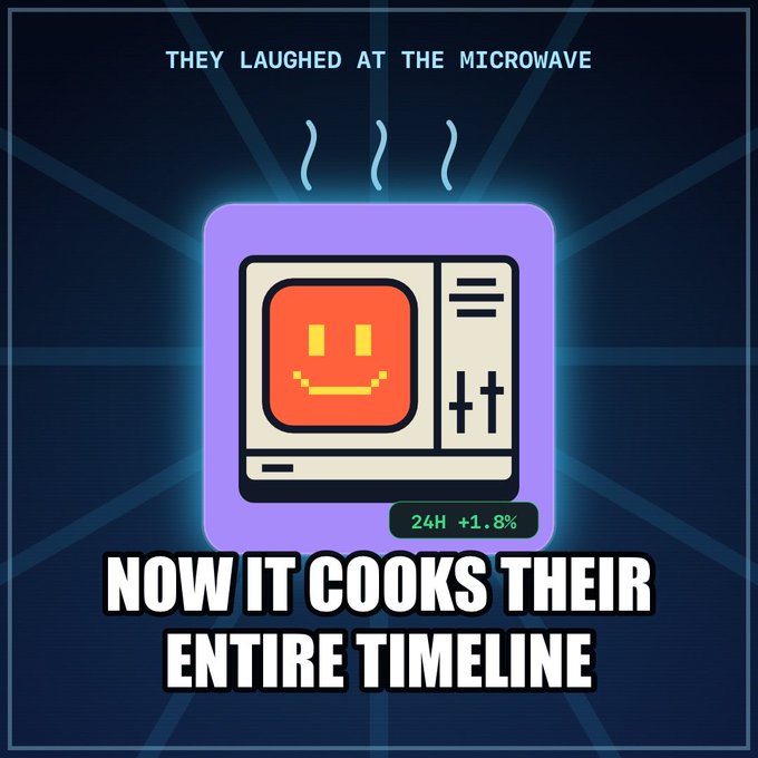 Meme-style poster featuring a smiling microwave oven with steam rising, captioned 'THEY LAUGHED AT THE MICROWAVE / NOW IT COOKS THEIR ENTIRE TIMELINE' with a 24H +1.8% stat.