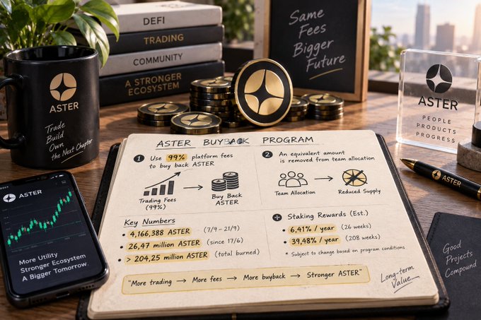 A promotional graphic for the 'ASTER BUYBACK PROGRAM' showing a 99% fee structure, key token numbers like 4,166,388 ASTER and 204.25 million burned, alongside an ASTER branded mug, coins, and phone.