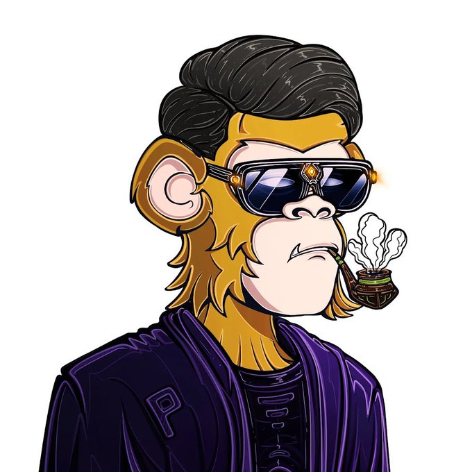 A stylized cartoon illustration of a monkey-like character with slicked-back hair, wearing sunglasses, a purple jacket, and smoking a pipe.