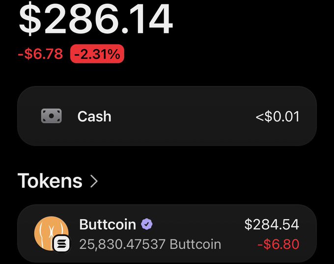 A crypto wallet interface showing a total balance of $286.14 (-$6.78, -2.31%), with holdings in 'Buttcoin' valued at $284.54.
