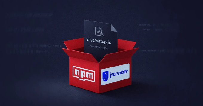 A red npm package box contains a malicious "dist/setup.js" preinstall hook file, with the jsscrambler logo displayed alongside. The image visually represents a supply-chain attack, illustrating how the compromised Jscrambler npm package conceals a dangerous preinstall script that executes an infostealer during installation.