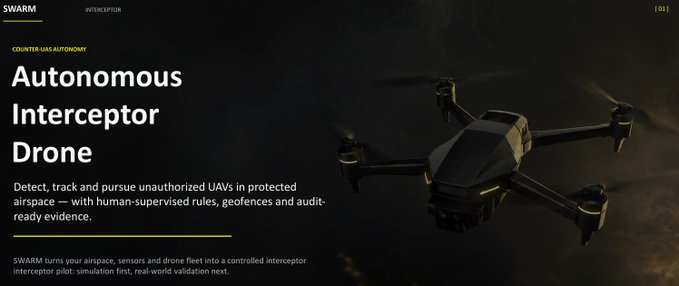 SWARM Autonomous Interceptor Drone advertisement with a black drone illustration, describing its ability to detect, track and pursue unauthorized UAVs.