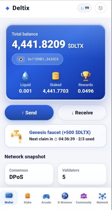 A screenshot of the Deltix app displaying a total balance of 4,441.8209 $DLTX with options to Send, Receive, and a Genesis faucet offering +500 $DLTX. The interface shows network details including 5 validators on a DPoS consensus, supporting the announcement of the new Deltix app and its $DLTX token ecosystem.