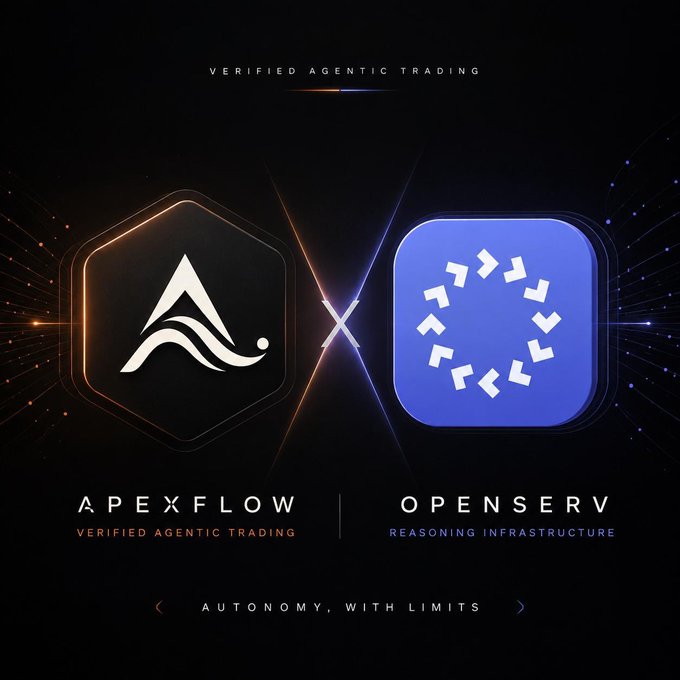 The image is a collaboration announcement graphic featuring the ApexFlow logo (orange/white "A" wave design) paired with the OpenServ logo (blue square with circular arrow pattern), separated by an "X" symbol under the header "VERIFIED AGENTIC TRADING." The tagline "AUTONOMY, WITH LIMITS" and subtext "REASONING INFRASTRUCTURE" reinforces the post's theme of combining ApexFlow's verified agentic trading platform with OpenServ's reasoning capabilities.