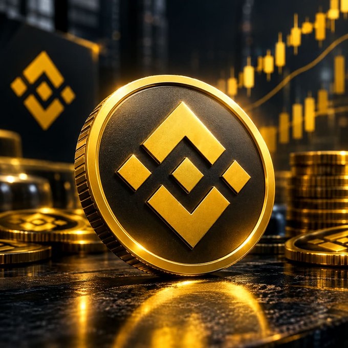 A 3D render of a gold and black Binance (BNB) cryptocurrency coin standing upright with additional coins and a Binance logo in the background against a backdrop of a financial candlestick chart.