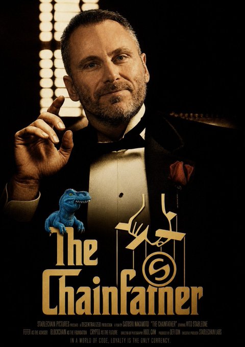 A movie poster parody titled 'The Chainfarmer' featuring a man in a tuxedo holding a coin, with Stableman Pictures branding and 'In a world of code, literally is the only currency' tagline.