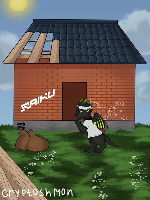 A cartoon illustration of a black dragon-like character in a white tank top and headband standing next to a brick house with 'RAIKU' graffiti, near a brown sack on the grass, labeled 'CryploshMon'.