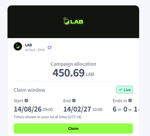 A screenshot of a cryptocurrency airdrop claim page showing 'LAB' token campaign allocation of 450.69 LAB with a claim window running from 14/08/26 to 14/02/27, marked as 'Live' with a green 'Claim' button.