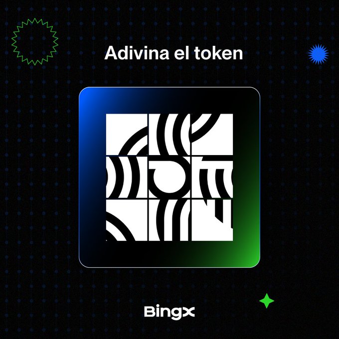 The image is a BingX social media post featuring a black-background graphic with a fragmented black-and-white optical illusion art piece, where each square contains pieces of various letters that combine to form a hidden token name. The text "Adivina el token" (Guess the token) appears at the top, with the BingX logo at the bottom, inviting viewers to participate in a contest offering a 1 position coupon of 150 USDT for correctly identifying the cryptocurrency token hidden in the puzzle.