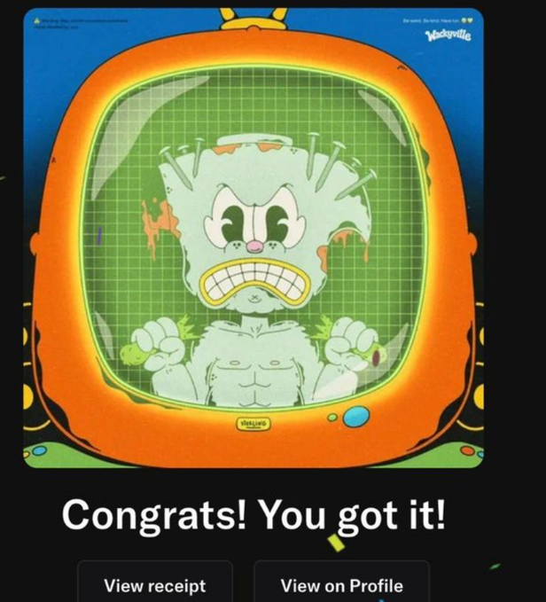 A digital trading card screen displays a muscular green character with a manic grin inside an orange TV-shaped frame, with text reading 'Congrats! You got it!' and buttons for 'View receipt' and 'View on Profile,' branded with the 'Jackpotville' logo.