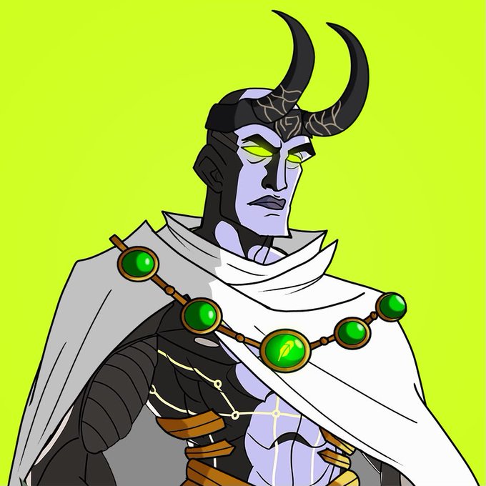The image shows a stylized cartoon character with purple skin, large black horns, glowing green eyes, and an ornate necklace with green gemstones, wearing a white cape over dark armor. It appears to be promotional artwork for a Titan-themed NFT collection, fitting the post announcing the public mint of 3,333 Titans on OpenSea, where the imposing horned figure likely represents one of the collectible Titan identities.