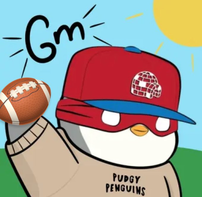 A cartoon penguin wearing a red baseball cap, red mask, and beige 'PUDGY PENGUINS' sweater, holding a football, with 'Gm' written in the sky and a sun shining.