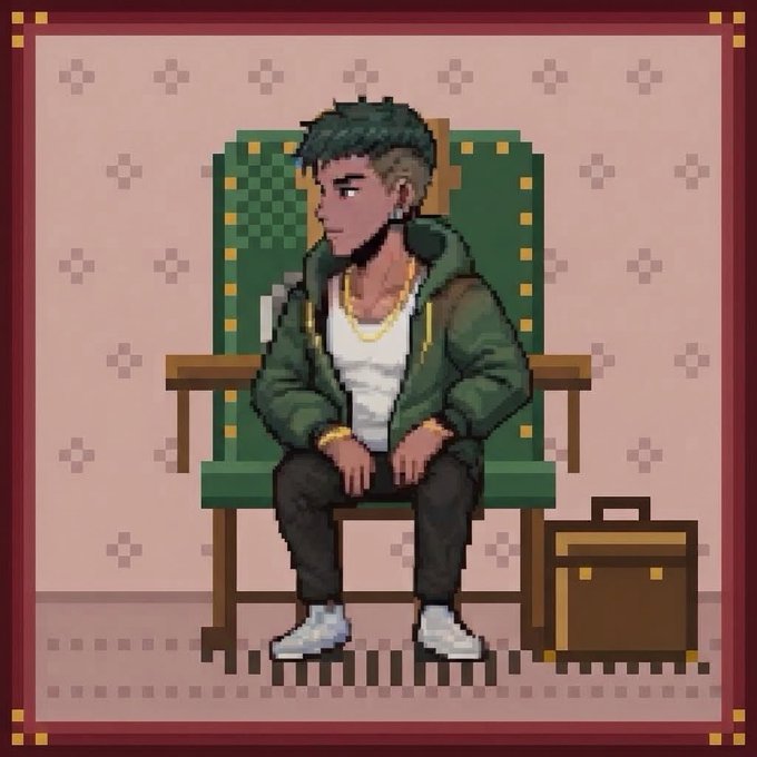 A pixel art illustration depicts a young man with dark skin, short textured hair, a green jacket, white tank top, gold chain, and gold bracelets, sitting in a green armchair with a brown briefcase beside him.