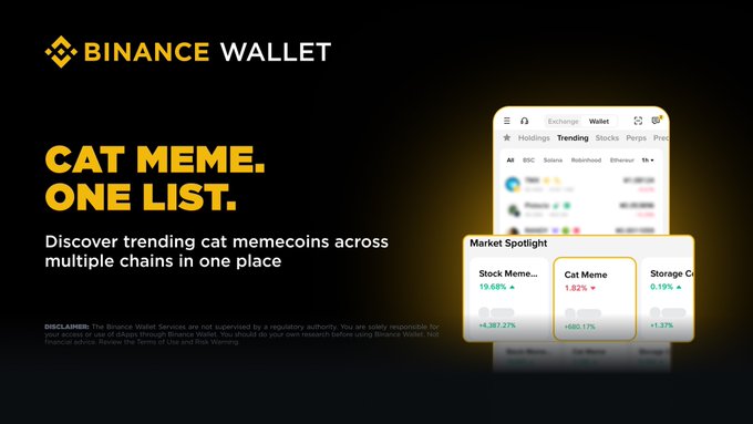 Binance Wallet promotional banner featuring the headline "CAT MEME. ONE LIST." alongside a screenshot of the Market section displaying a "Market Spotlight" with cat-themed memecoins, including "Cat Meme" showing a 1.82% gain and another cat token with a notable +680.17% surge, illustrating the new trending cat memecoin aggregator feature on the Binance Wallet homepage.