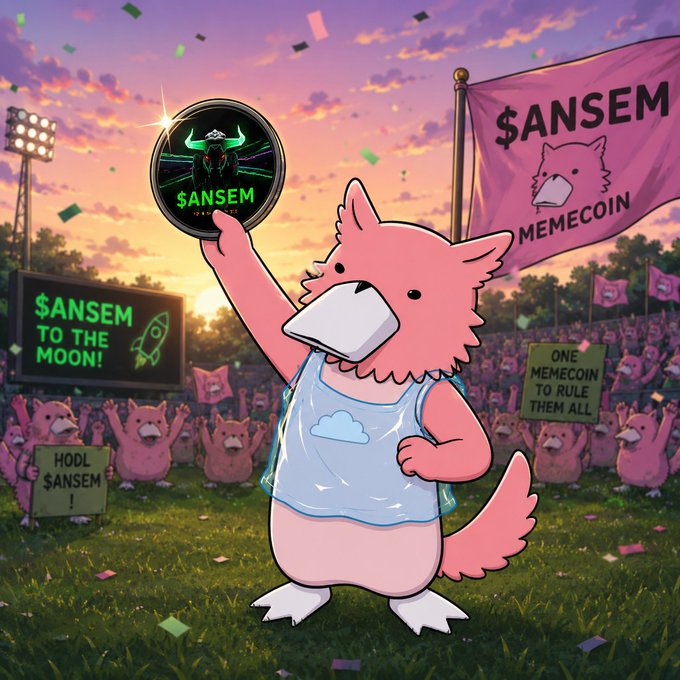 An anime-style illustration of a pink anthropomorphic bird character holding a '$ANSEM MEMECOIN' token, with a banner reading '$ANSEM MEMECOIN' and a sign saying '$ANSEM TO THE MOON!'.