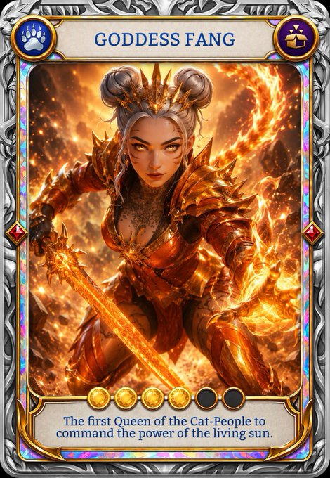 A fantasy trading card titled 'GODDESS FANG' depicting an armored female warrior wielding a flaming sword, described as 'The first Queen of the Cat-People to command the power of the living sun,' with four stars and two empty slots.