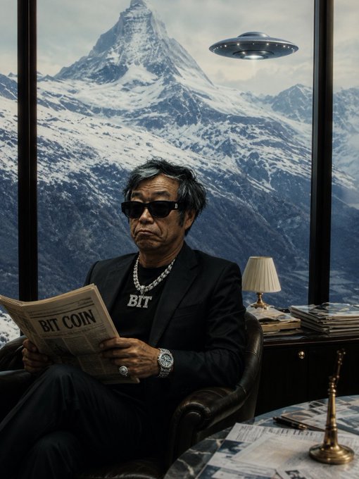 An older man with gray hair wearing dark sunglasses, a black suit, and a 'BIT' t-shirt sits in a leather chair reading a 'BITCOIN' newspaper, with snow-capped mountains and a UFO visible through the window behind him.