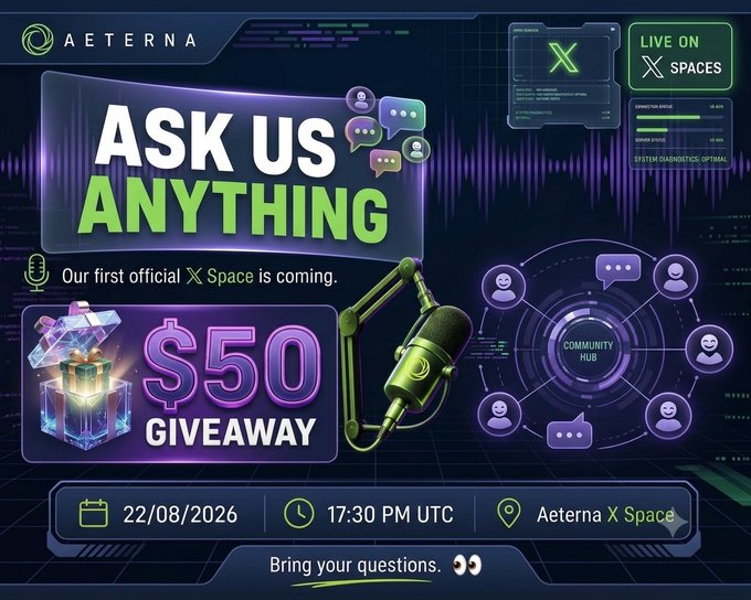 Promotional graphic for 'AETERNA' advertising an 'ASK US ANYTHING' X Space event on 22/08/2026 at 17:30 PM UTC, featuring a $50 giveaway and a neon green microphone.