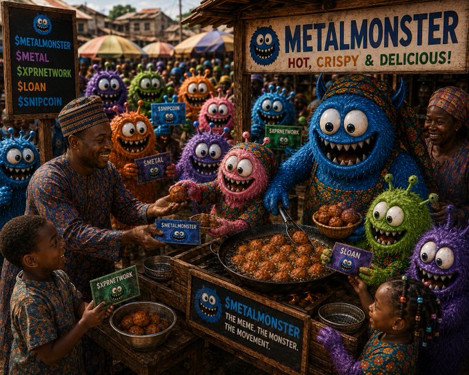 A colorful, stylized AI-generated illustration of a market stall labeled 'METALMONSTERS - HOT, CRISPY & DELICIOUS!' featuring various colorful furry monster characters and people, with signs referencing 'METAL', 'SXPRNETWORK', 'SLOAN', and 'SNIPCOIN'.