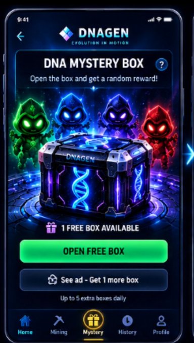 A mobile app screenshot for "DNAGEN - Evolution in Motion" shows a "DNA MYSTERY BOX" feature with hooded neon-colored characters in green, blue, purple, and red. The interface offers a green "OPEN FREE BOX" button, noting "1 FREE BOX AVAILABLE," along with an option to "See ad - Get 1 more box."