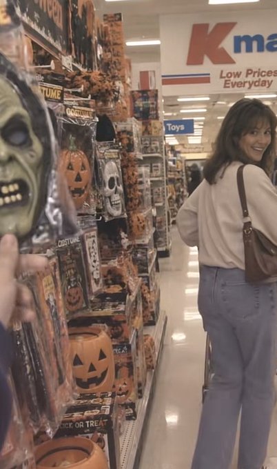 A Kmart store scene with Halloween decorations in the foreground and a smiling woman in jeans and a white shirt looking back at the camera.