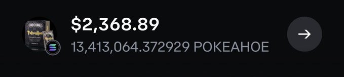A cryptocurrency wallet display showing a balance of $2,368.89 worth of 13,413,064.372929 POKEAHOE tokens next to a Solana icon.