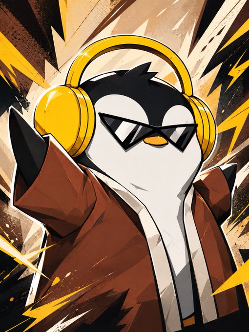 A stylized digital illustration of a penguin character wearing yellow headphones, black sunglasses, and a brown trench coat against a background of yellow lightning bolts.