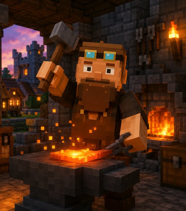 A 3D Minecraft-style render shows a blacksmith character holding a hammer, working at an anvil with glowing orange lava blocks and a furnace in the background.