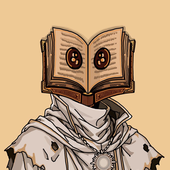 A hooded, monk-styled character with an open book for a head displays two brown oval symbols on its pages, wearing a tattered robe and a sun-shaped medallion. The mystical, illustrated design aligns with the "weirdos" NFT collection mentioned in the post, which is currently minting live.