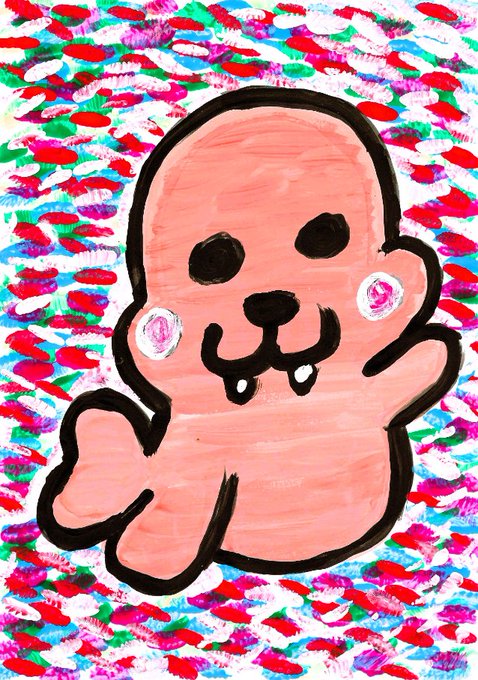 A colorful digital drawing of a pink, blob-like creature with black eyes, fangs, and pink swirls on its cheeks, set against a busy multicolored background.