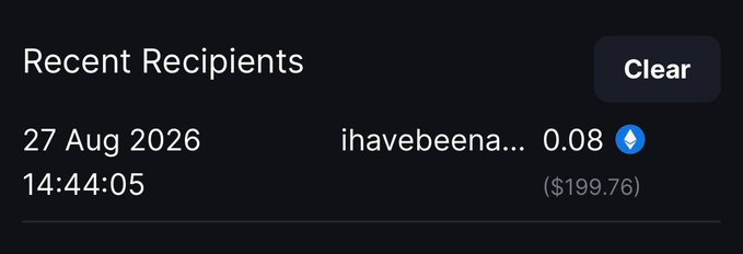 A screenshot shows a "Recent Recipients" transaction record from 27 Aug 2026 at 14:44:05, displaying a 0.08 ETH transfer valued at $199.76 sent to "ihavebeena...", confirming the $200 giveaway payment mentioned in the post.