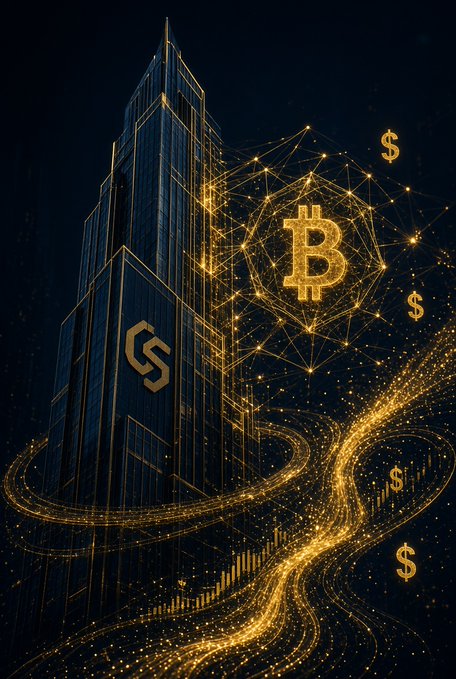 A glowing skyscraper featuring the "GS" Goldman Sachs logo stands alongside a luminous Bitcoin "₿" symbol and floating "$" signs, with swirling golden particle streams and upward-trending graphs swirling around the base—visually reinforcing the post's message of Goldman Sachs' massive $2.25B acquisition of NEOS and the BTCI Bitcoin high-income ETF, symbolizing the firm's deeper integration into crypto yield infrastructure beyond just spot exposure.