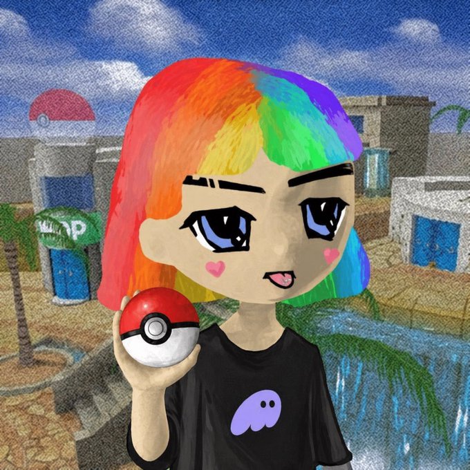 A digital illustration of an anime-style character with rainbow-colored hair holding a Pokéball, wearing a black t-shirt with a purple ghost design, set against a Pokémon-style town background.