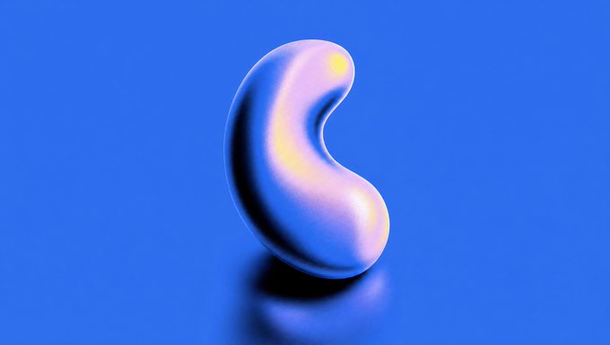A 3D-rendered glossy blue and pink kidney-bean or curved blob shape floating against a bright blue background with a reflective surface below.