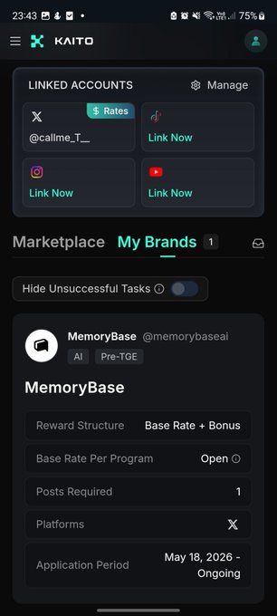 A mobile app screenshot of the 'KAITO' platform showing a 'My Brands' marketplace tab with a campaign listed for 'MemoryBase @memorybaseai'.