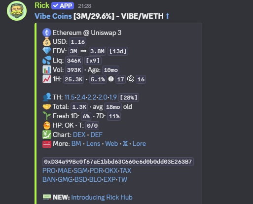 A Discord message from 'Rick' bot showing cryptocurrency token data for 'Vibe Coins [3M/29.6%] - VIBE/WETH' on Uniswap 3, including metrics like FDV, Liquidity, Volume, and contract address 0xD34a998c0f67afE1bbd63C6690e6d0b0dd03E6387.