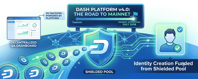A promotional graphic for Dash Platform v4.0 'The Road to Mainnet' showing a decentralized QA dashboard, shielded pool, and identity creation, with mainnet activation scheduled for July 2026.