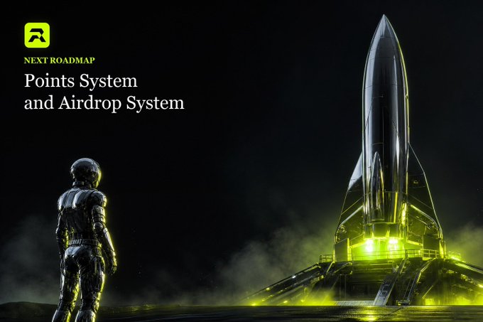 A dark promotional graphic with an astronaut figure looking at a glowing rocket/spaceship, announcing 'NEXT ROADMAP: Points System and Airdrop System' with a green logo.