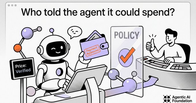 A cartoon-style illustration shows a robot at a checkout counter receiving "Payment Approved" alongside a "Price: Verified" tag, with a "POLICY" checkmark and a thumbs-up from a human operator, visually reinforcing the headline "Who told the agent it could spend?" The image depicts the agentic commerce workflow described in the post: the agent retrieves a price from an MCP tool, the wallet enforces spending policy, and only after payment verification does the service execute the request.