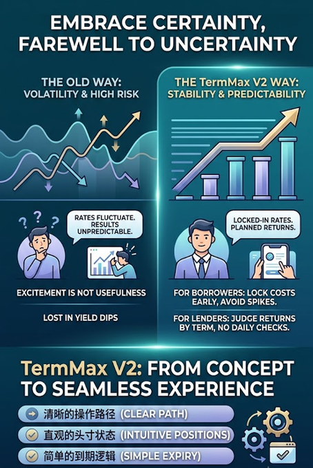 The image is a promotional infographic contrasting the volatility and unpredictability of traditional floating-rate DeFi with the "TermMax V2" platform, which offers "STABILITY & PREDICTABILITY" through "LOCKED-IN RATES" and "PLANNED RETURNS" for both borrowers and lenders. Headlined "EMBRACE CERTAINTY, FAREWELL TO UNCERTAINTY," it features characters representing confusion under "THE OLD WAY: VOLATILITY & HIGH RISK" versus confidence under "THE TermMax V2 WAY," and lists benefits like "CLEAR PATH," "INTUITIVE POSITIONS," and "SIMPLE EXPIRY."

This graphic visually reinforces the post's central argument that after suffering losses from risky, fluctuating DeFi yields, the user has shifted focus to TermMax ($termmaxfi) for its fixed, predictable returns rather than chasing volatile high-APY opportunities.