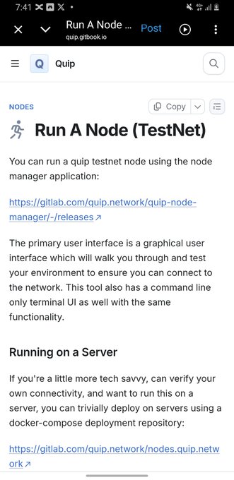 The image shows an open webpage with a screenshot of a text box containing information about the @quipnetwork Testnet. The text box provides details about running a node, including that you can run a node using the Node Manager application or use Docker for server deployment. The post also mentions that you can contribute to the network by running a node and suggests that you can do so through the Node Manager or by using Docker. Focus on what is in the image and how it relates to the post, considering the context of the screenshot and the content displayed within the text box.