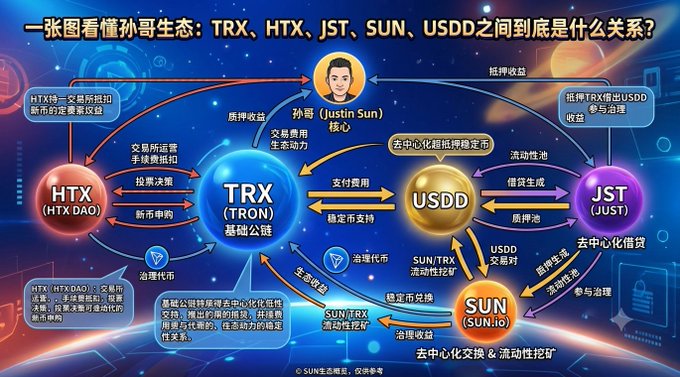A Chinese infographic diagram titled '一张图看懂孙哥生态' (One chart to understand Brother Sun's ecosystem) showing the relationships between TRX (TRON), HTX (HTX DAO), JST (JUST), USDD stablecoin, and SUN (SUN.io) with Justin Sun's avatar at the center.