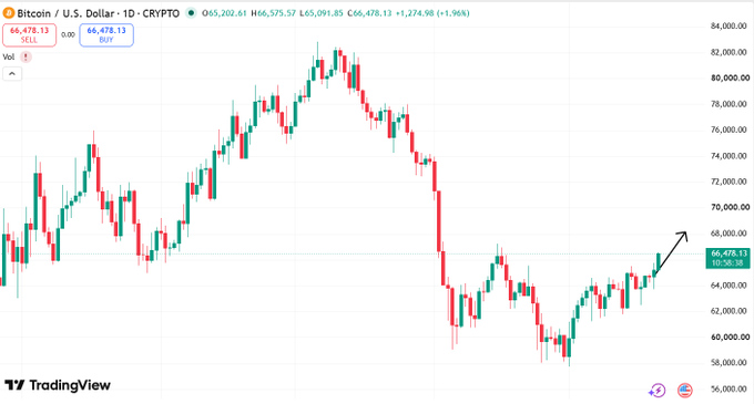 A TradingView candlestick chart of Bitcoin/U.S. Dollar (BTC/USD) showing price around $66,478 with a 1.96% gain, with an arrow pointing upward to indicate bullish momentum.