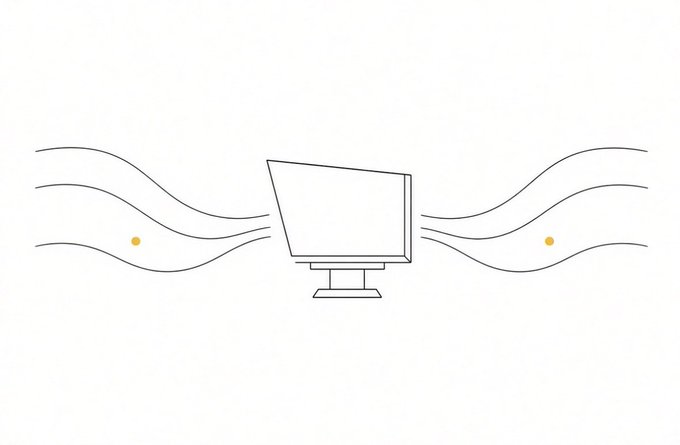 A minimalist line drawing shows a computer monitor with wavy lines and small orange dots flowing in and out from both sides, representing data or air circulation.