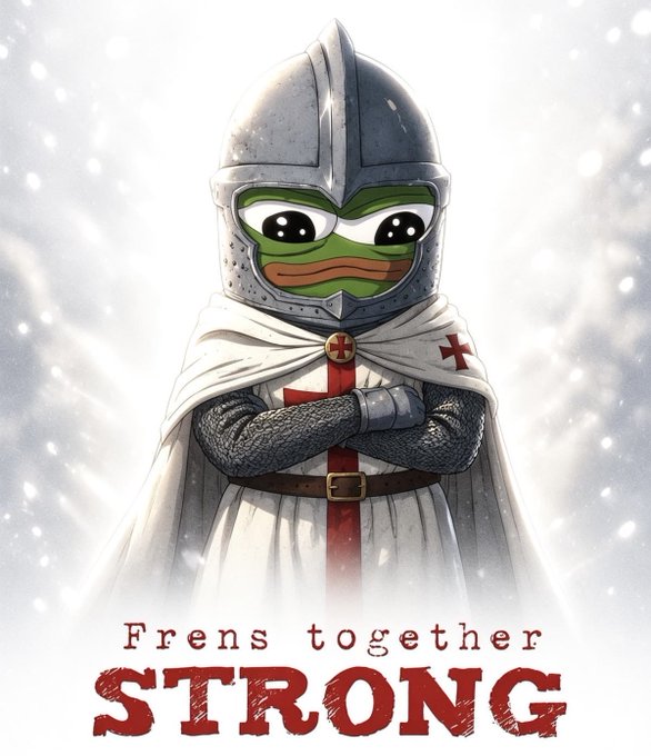 An illustration of Pepe the Frog dressed as a medieval Crusader knight in armor and a white cape with red crosses, with the text 'Frens together STRONG' displayed below.
