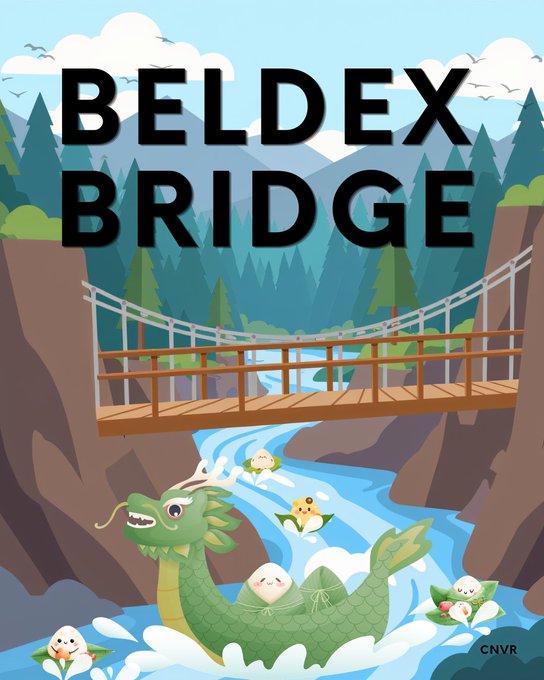 A colorful digital illustration titled 'BELDEX BRIDGE' depicting a wooden suspension bridge over a river with a green dragon and floating rice dumplings (zongzi) below.