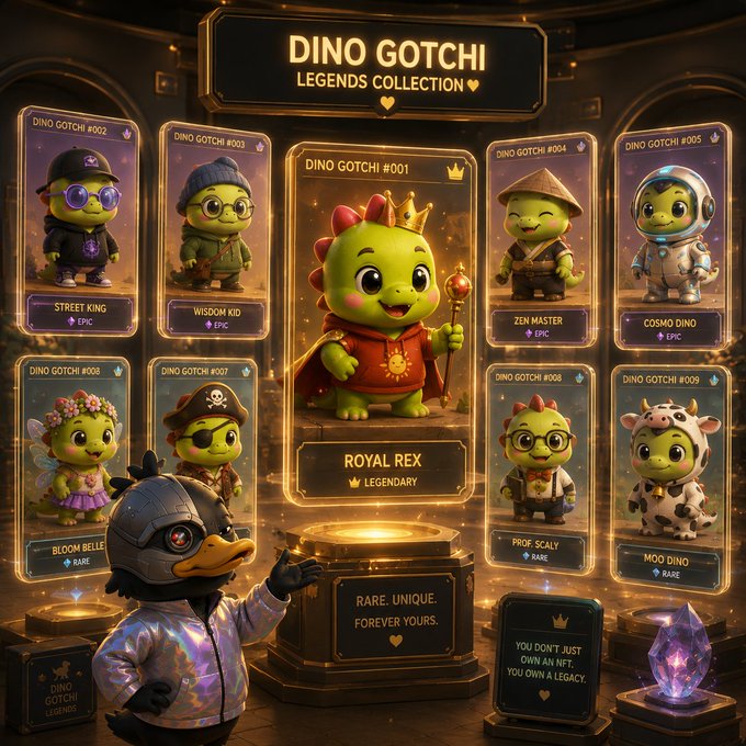 A vibrant promotional display for the "Dino Gotchi Legends Collection" showcases 10 character cards (#001-#009), with "Royal Rex" featured as the Legendary centerpiece alongside Epic rarities (Street King, Wisdom Kid, Zen Master, Cosmo Dino) and Rare characters (Bloom Belle, Prof. Scaly, Moo Dino), as a hooded figure presents the collection on a glowing pedestal with the message "Rare. Unique. Forever Yours."—visually reinforcing the post's emphasis on Dino Gotchis as exclusive, multi-tiered collectibles within the Sleepagotchi ecosystem.