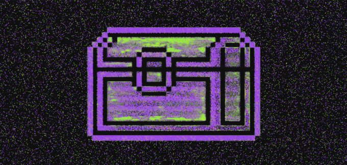 The image displays a pixelated treasure chest icon in vibrant purple, black, and neon green glitch-art styling against a dark static background. The chest's digital aesthetic and hidden-coin motif visually reinforces the post's teaser about discovering more Solana tokens within users' wallets.