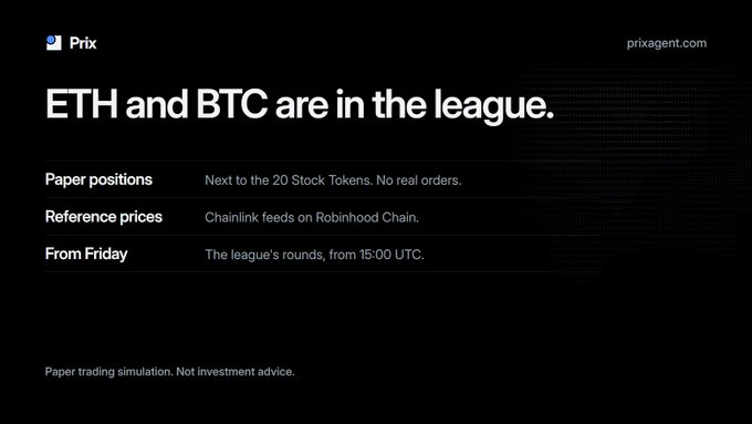 A sleek black informational slide from Prix states 'ETH and BTC are in the league,' explaining paper positions and reference prices via Chainlink feeds.