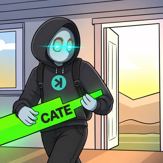 A hooded, masked figure with glowing cyan eyes and a backpack enters through an open door, carrying a large green beam labeled "CATE," while the accompanying post celebrates the $CATE community as the strongest meme community, visually symbolizing its powerful, unstoppable rise into the scene.